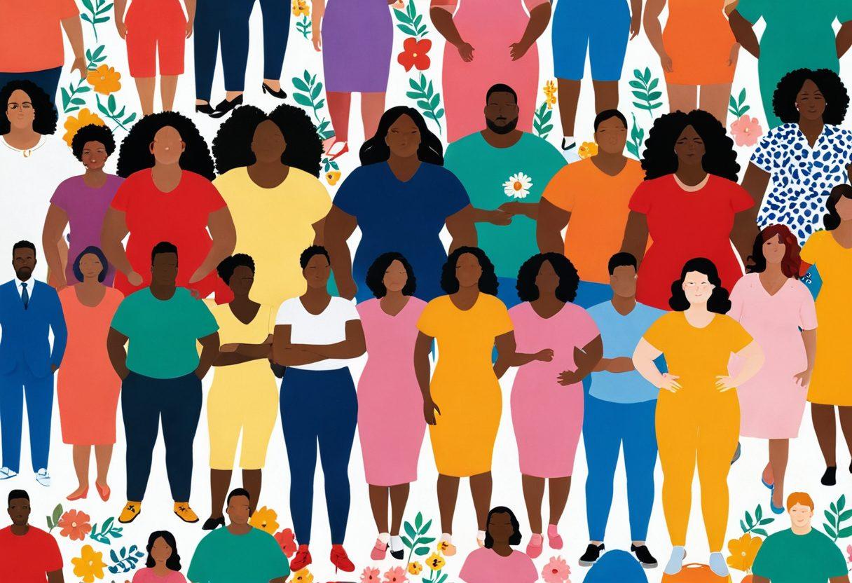 A powerful visual representation depicting diverse body shapes and sizes confidently showcasing different insurance products, with vibrant colors highlighting their uniqueness. In the background, elements symbolizing body positivity like flowers and uplifting quotes blend seamlessly with icons of insurance (like shields and policy documents). The scene exudes inclusivity and empowerment, inviting viewers to embrace their bodies. super-realistic. vibrant colors. white background.