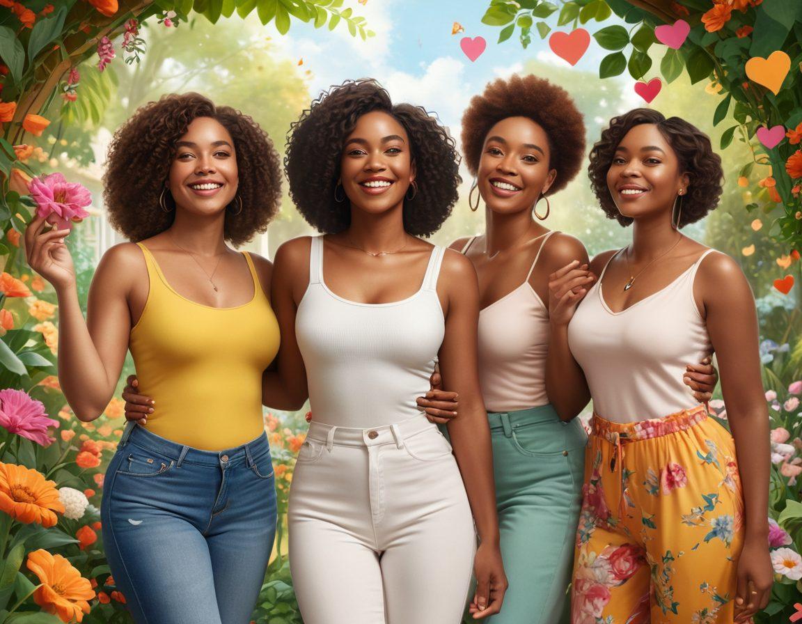 A joyful group of diverse women of different shapes and colors celebrating together, surrounded by symbols of self-love like hearts and mirrors reflecting their happiness. Incorporate elements that represent insurance, such as illustrations of policies or a safety net, blending seamlessly into a garden of vibrant flowers symbolizing body positivity. The scene is bright, uplifting, and empowering; conveying love, support, and community. vibrant colors. super-realistic.