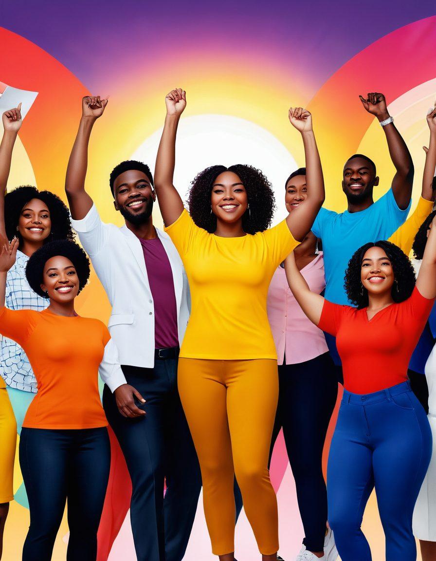 A diverse group of confident individuals, celebrating body positivity, standing together with their arms raised in empowerment, surrounded by symbols of insurance like shields and policy documents. The background features a colorful and abstract representation of curves to symbolize beauty and uniqueness. Sunshine filtering through, evoking a sense of hope and positivity. vibrant colors. super-realistic.